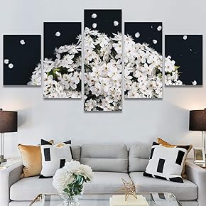 SIGNWIN 5 Panel Canvas Wall Art White Floral...
