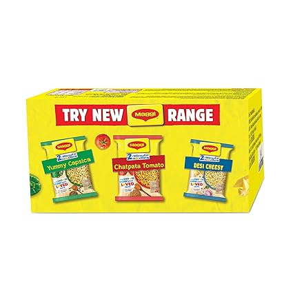 MAGGI 2-Minute Instant Noodles Box-Desi Cheesy Masala (4 Pack x 60.5g), Chatpata Tomato Masala (4 Pack x 60.5g) Yummy Capsica Masala (4 Pack x 60.5g)-726g(Pack of 12)