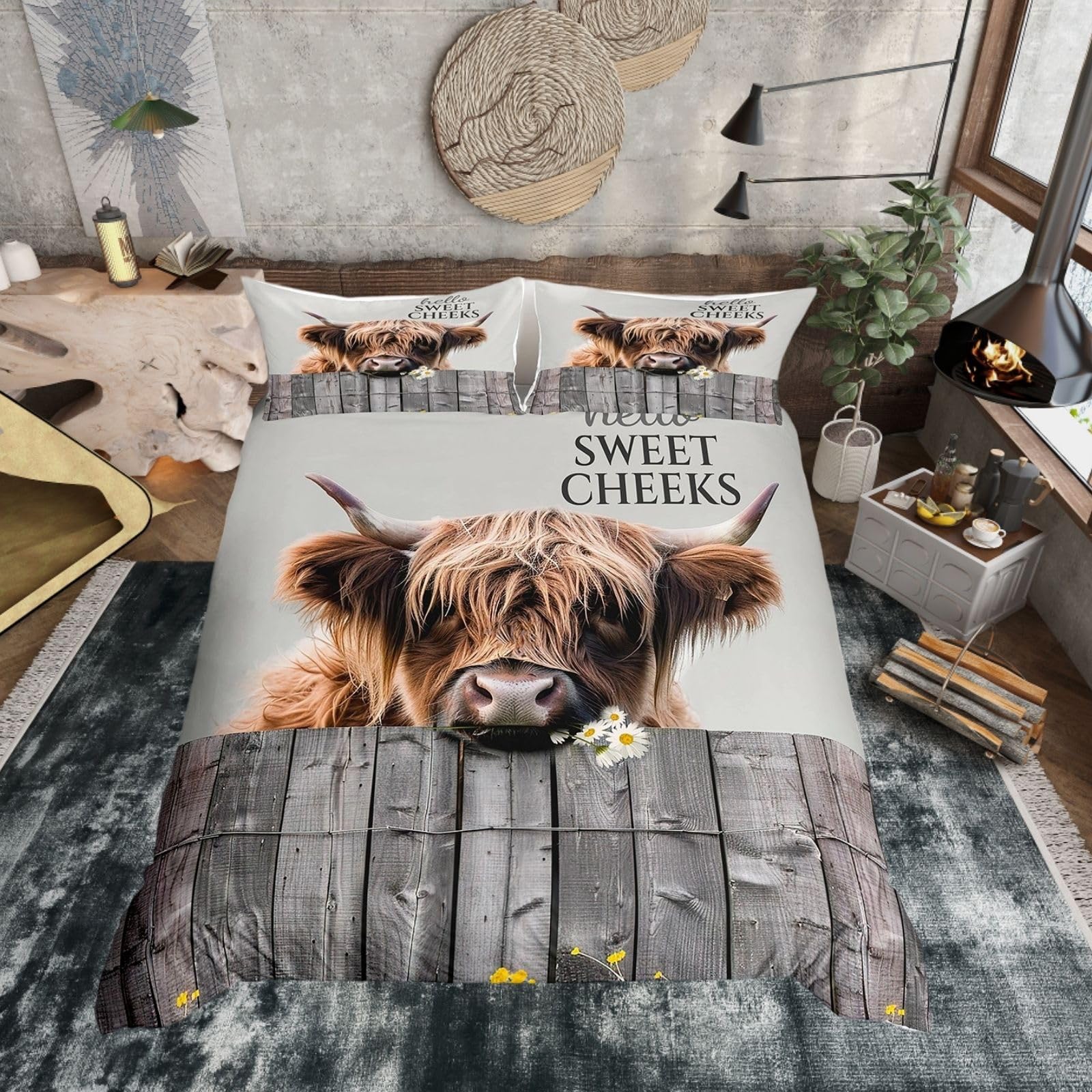 Homewish Grey Highland Cow Duvet Cover Double Gift for Teens Adults - Rustic Farmhouse Bedding with Wood Grain Design Woodland Cabin Decor - Scottish Hairy Coo Farmhouse Style Bed Sets 3 Piece