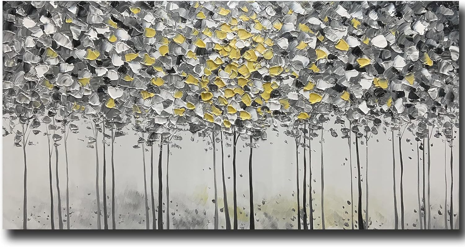 Paintings - ART8YUQI Paintings - Modern Abstract Painting Gary Gold Tree 3D Wall Art Home Decorations Paintings On Canvas for living room office Decoration 24x48 Inch