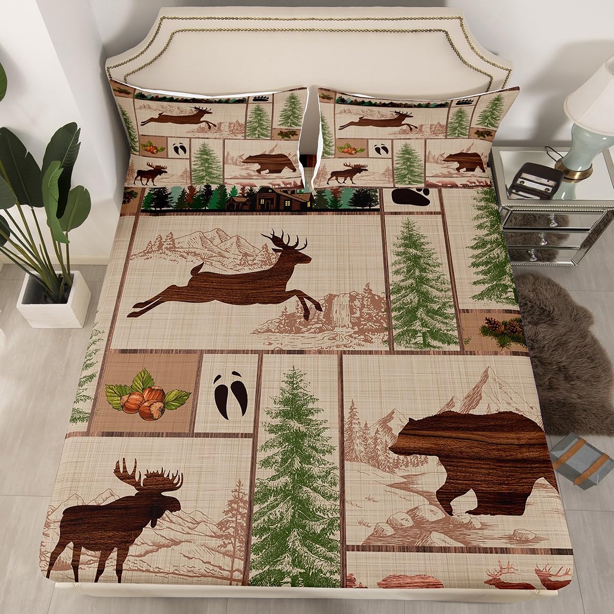 Rustic Cabin Fitted Sheet Double Size, Bear Deer Trees Patchwork Bed Cover with 2 Pillowcases, Farmhouse Brown Bedding Set 3pcs for Kids Boys Room Decor, Soft Polyester Bedding