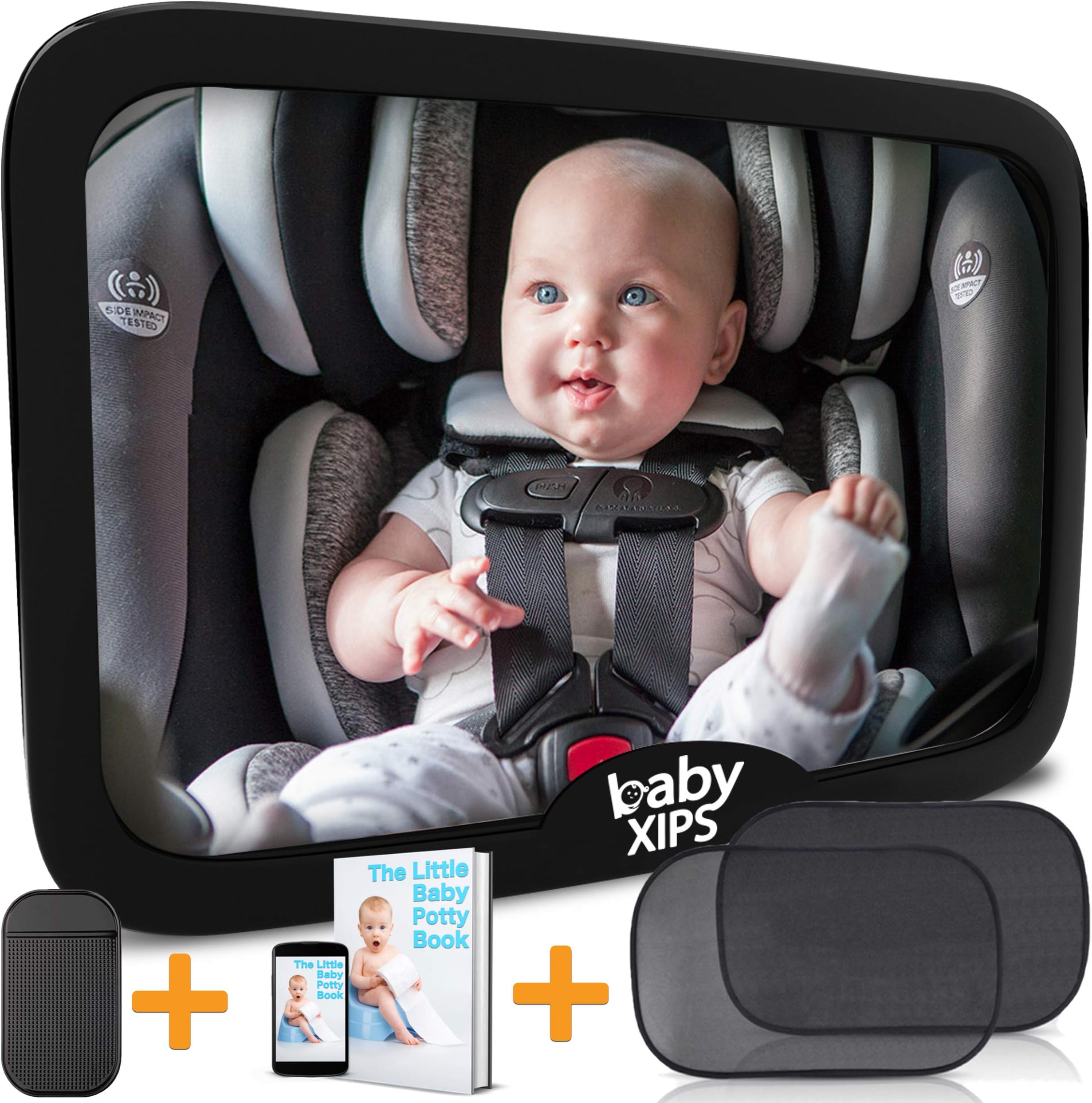 Car Mirror Baby by Baby Xips - Large Wide View 360 Adjustable and Shatterproof Convex Rearview Mirror - CPSAC Safety Certified - Allows Mom and Dad A Clear View of Their Rear Facing Infant Child