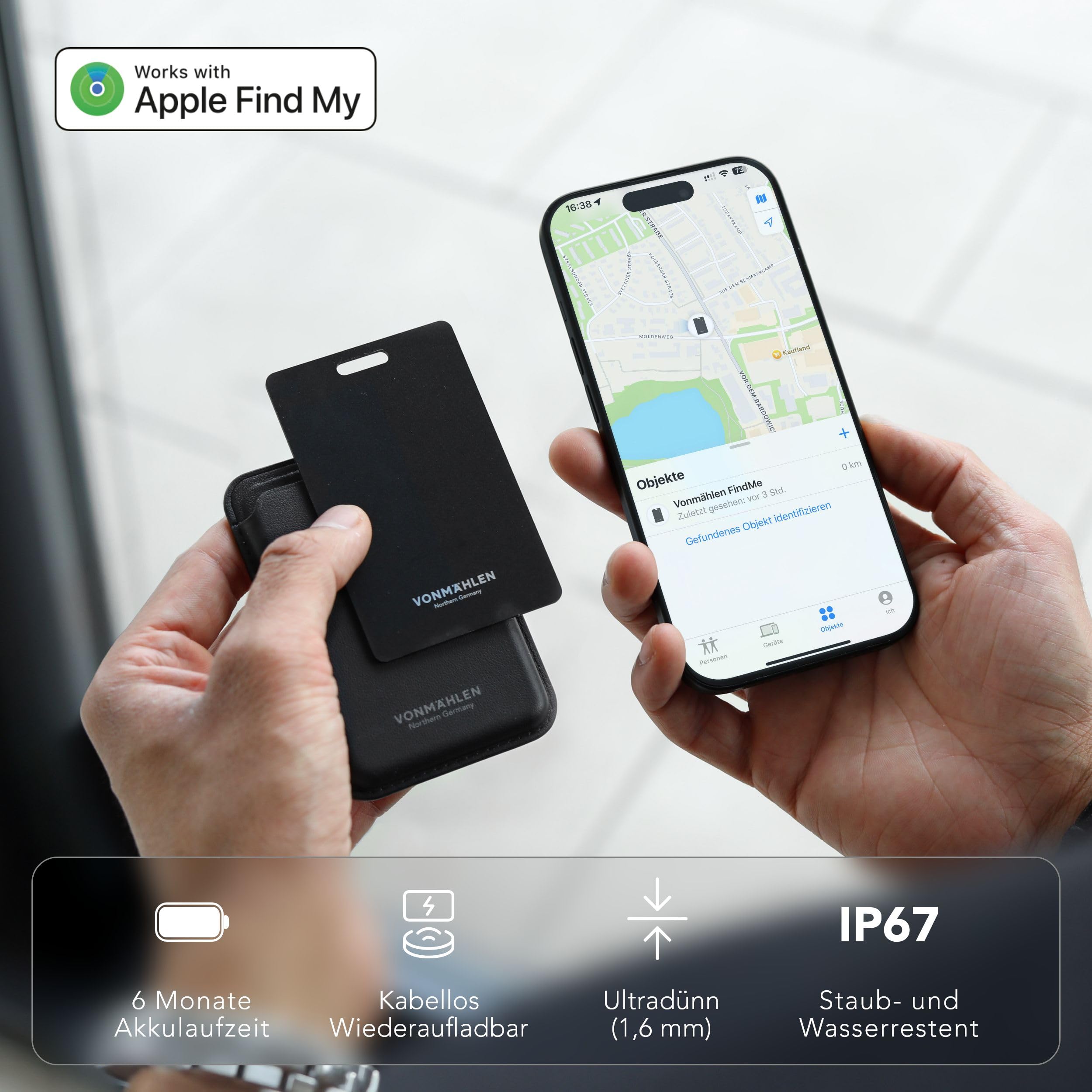 VONMÄHLEN FindMe - Bluetooth Tracker Karte - Ultra-Slim Design, Kabellos Aufladbar, Wasser- und Staubresistent, Kompatibel mit Apple Find My und Wo ist App - Ideal für Brieftaschen und Gepäck - Black 2