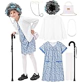 FancyFun 8 Pcs 100 Days of School Costume for Girls, Old Lady Costume for Kids Grandma Wig Dress Granny Nightgown Accessories