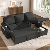 Sofa Bed Pull Out 2 in 1 Sectional Sleeper Sofa L Shaped Couch with Storage | Convertible Sofa Couches for Living Room, USB Charging Ports, Cup Holder (Dark Gray)