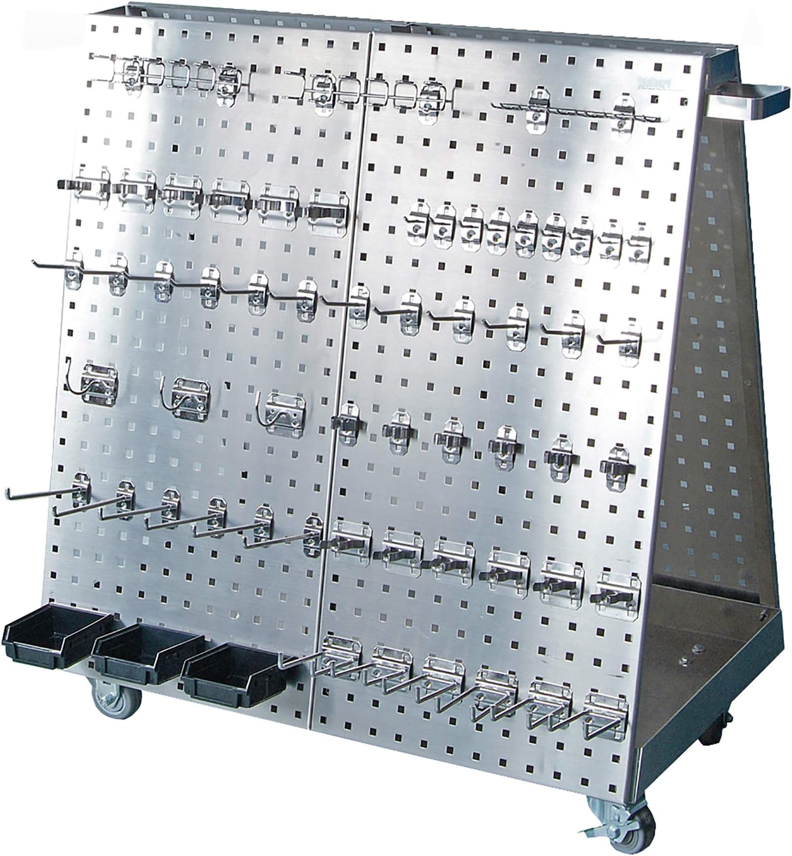 36-3/4 In. L x 39-1/4 In. H x 21-1/4 In. W Stainless Steel Frame SS LocBoard Tool Cart with Tray, 60 pc Stainless Steel LocHook Asst & 3 Hanging Bins