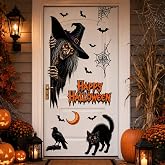 44.88 x 15.75 in Halloween Door Decals Giant Witch Cat Stickers | Halloween door decals with a creepy witch, black cat, crow and bats for spooky haunted house and party decorations