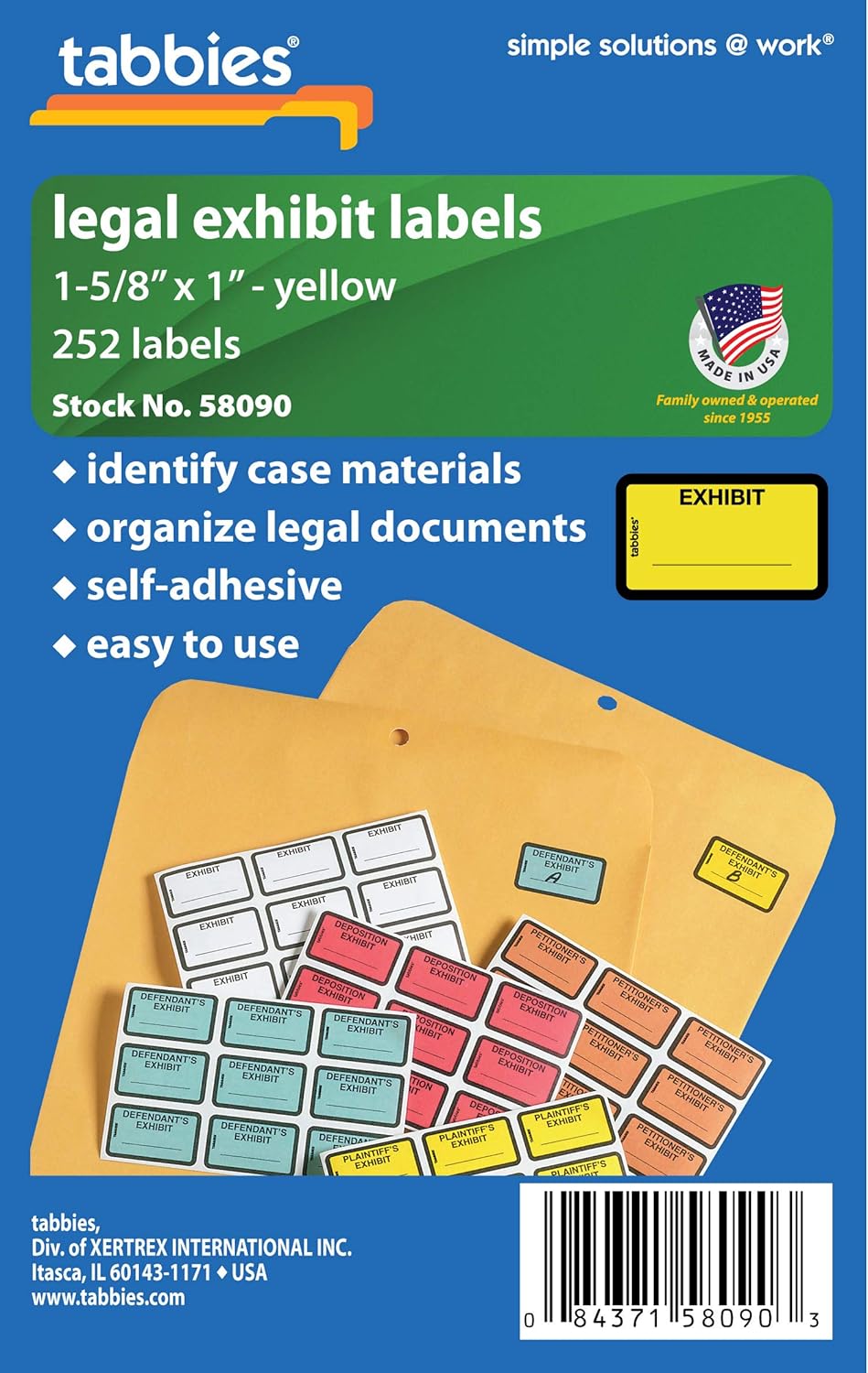 Tabbies Legal Exhibit Labels, Label: 1-5/8"W x 1"H, Sheet: 5-1/4"W x 3-1/4"H, Yellow, "Exhibit" 252 Labels/Pack (58090) : File Folder Labels : Office Products