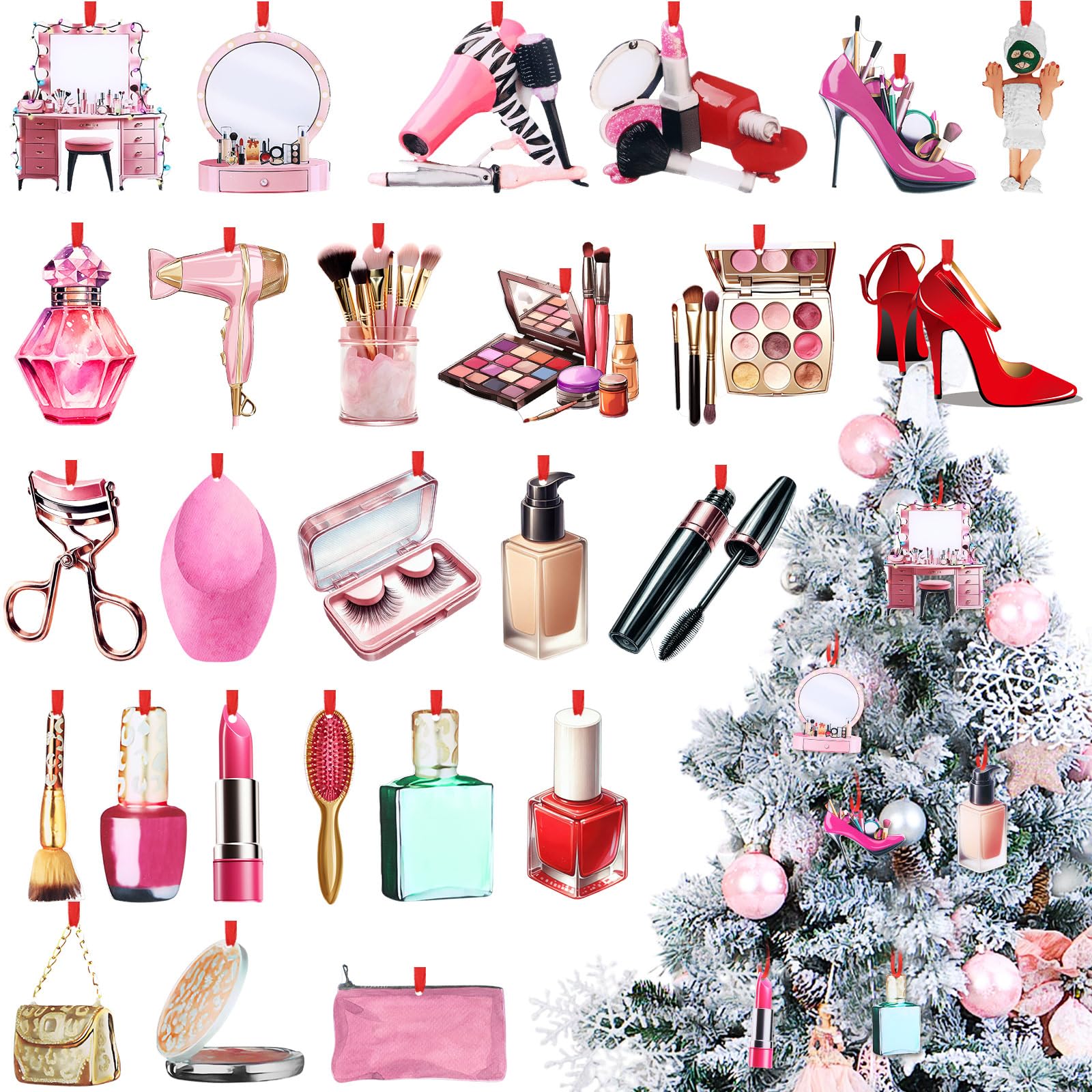 Photo 1 of Syhood 26 Pcs Makeup Tools Christmas Ornaments for Women Girl Beauty Hair Salon High Heel Shoe Ornaments for Artists Stylists Double-Sided Acrylic Makeup Party Decor for Christmas Tree Decorations