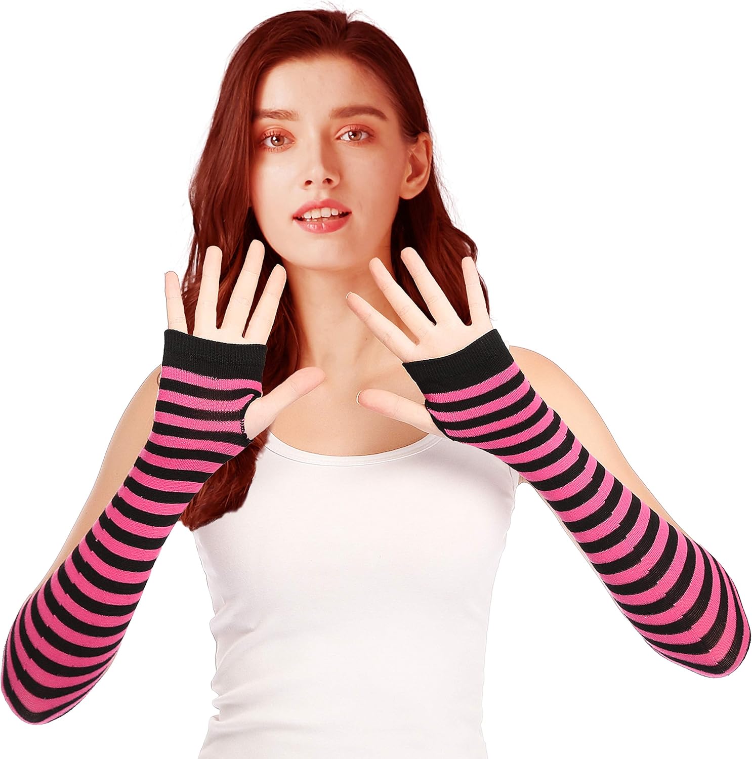Bellady 3 Pairs Striped Arm Warmers Fingerless Gloves for Women, Pink at  Women’s Clothing store