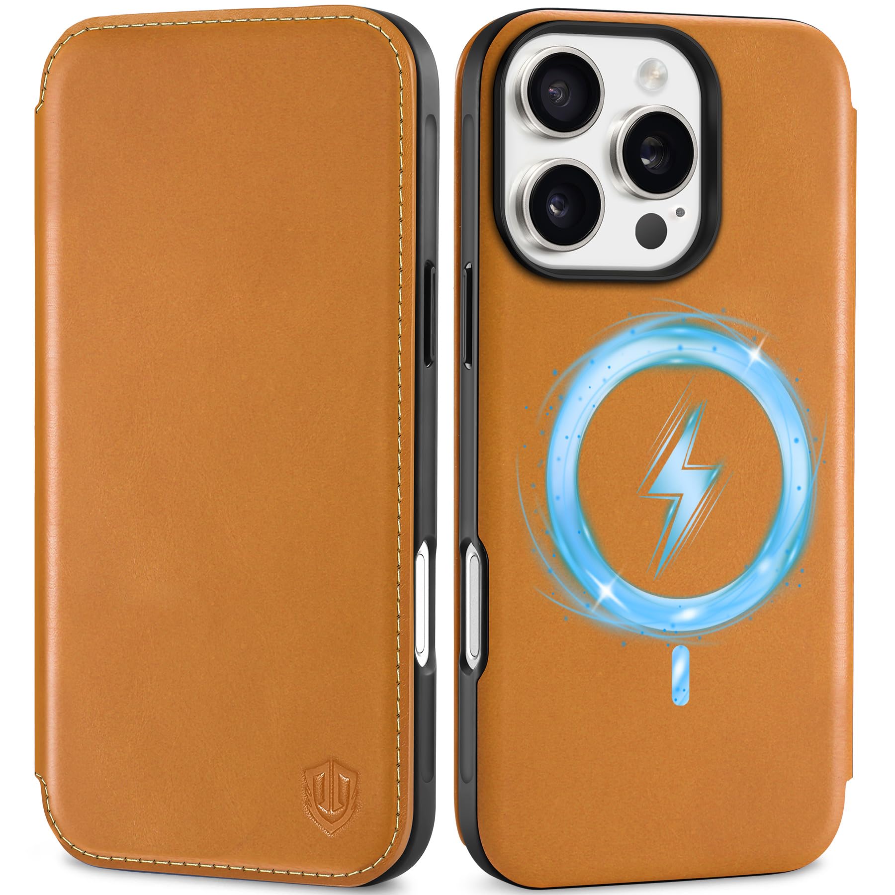 SHIELDON Wallet Case for iPhone 16 Pro, Genuine Leather Slim Foldable Case [RFID Blocking][Card Holder] Magnetic Shockproof Wireless Charging Cover Compatible with iPhone 16 Pro - Retro Light Brown