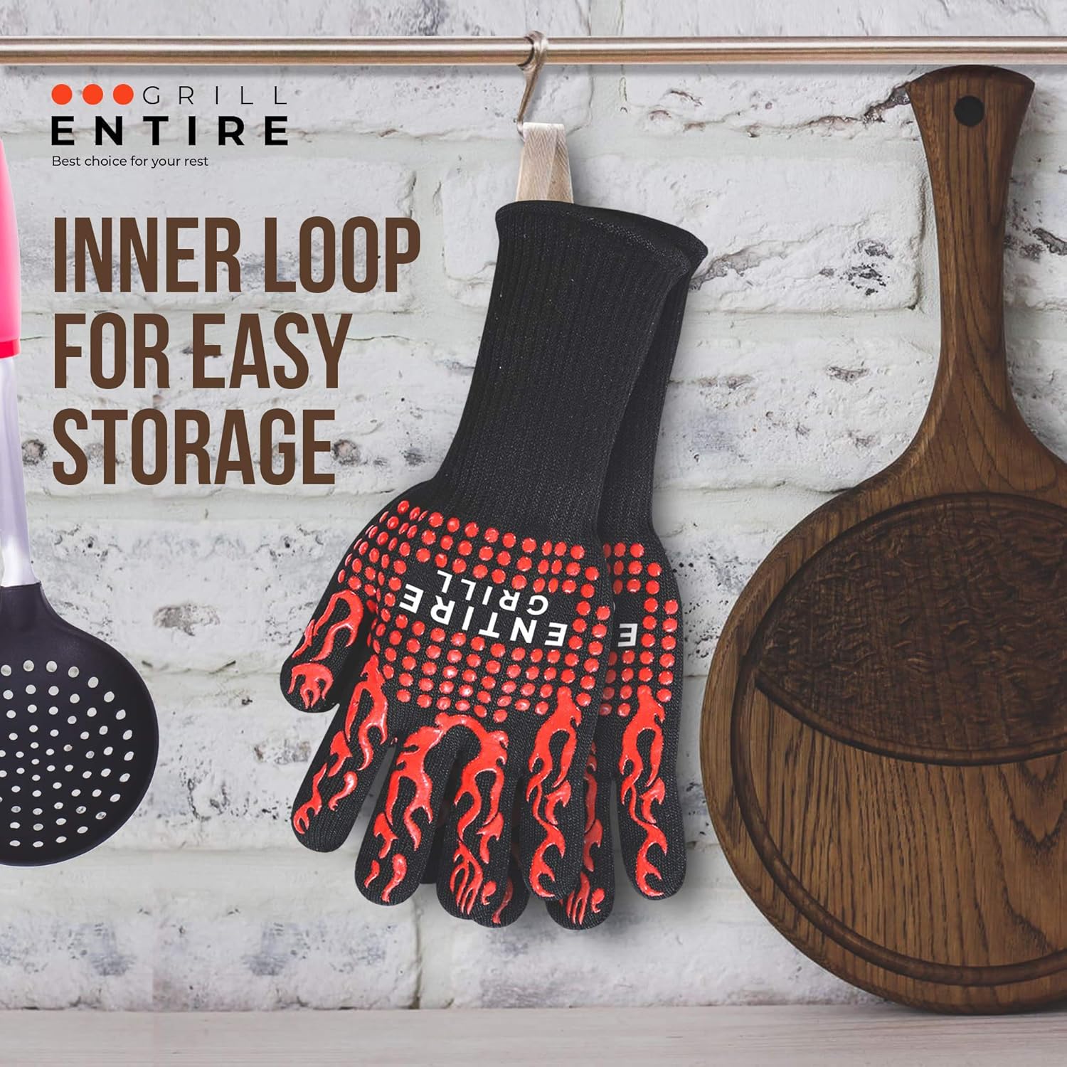 Entire BBQ Grill Gloves, Extreme Heat Resistant, Insulated Fireproof Silicone Oven Mitts for Cooking, Grilling, Smoker Baking, Barbecue, Non-Slip Grip Pair with Silicone Brush & BBQ Grilling Tong: Home & Kitchen