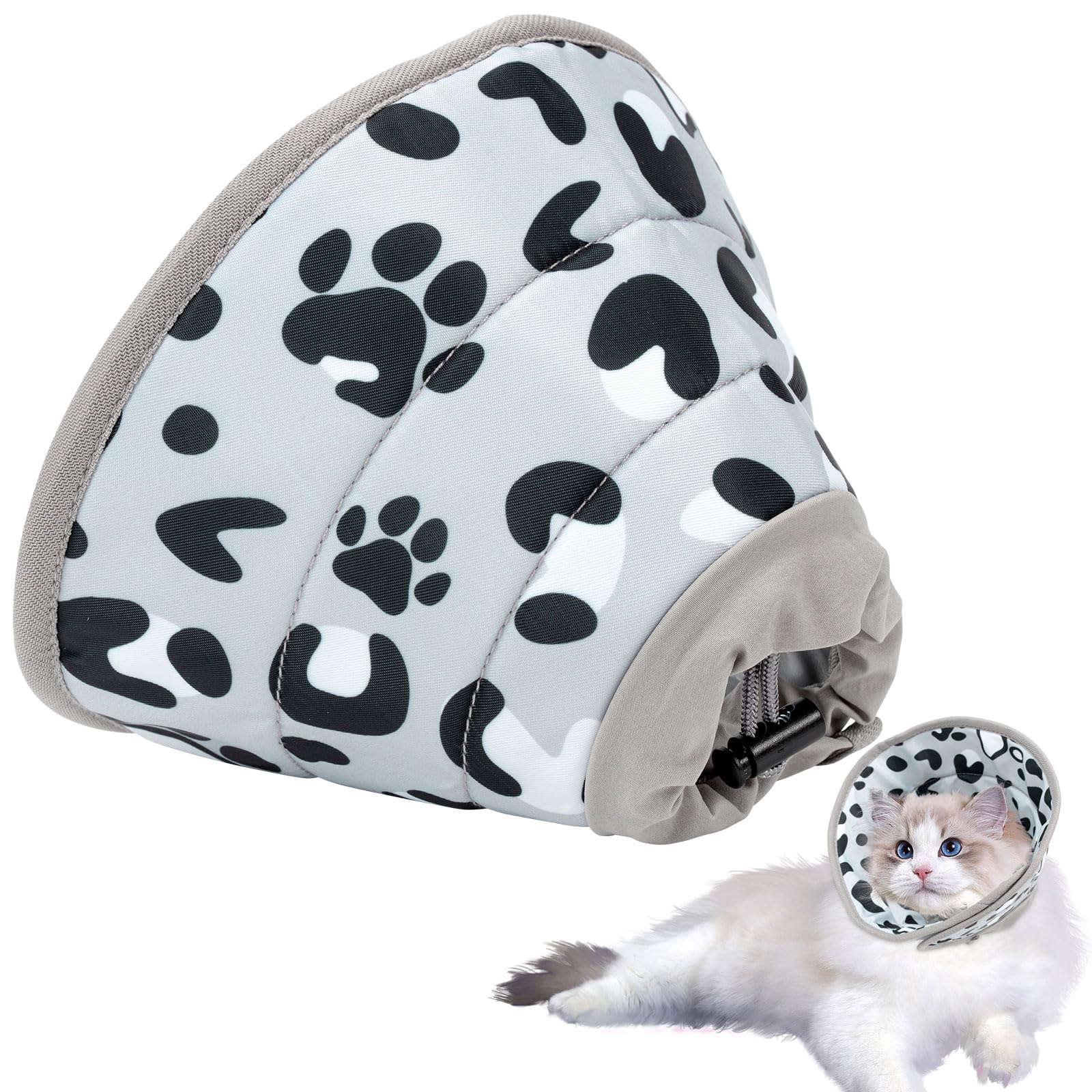 Soft, Adjustable Elizabethan Collar & Cone - Cat Recovery Collar for After Surgery - Grey, M