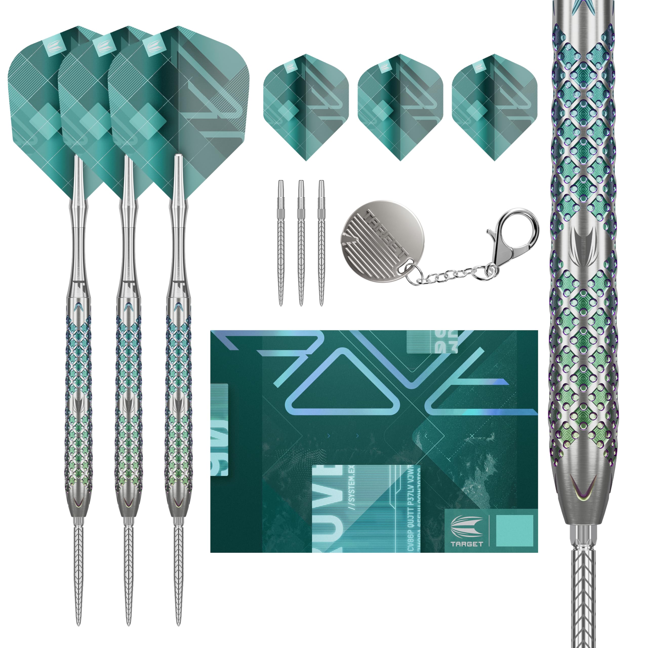 Target Darts Rove Steel Tip Swiss Point Darts, 90% Tungsten Dart Set, Barrel 03-24G | Steel Tip Dart Sets, Green & Silver Darts, Professional Dart Set with Swiss Points & Tool