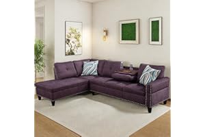 FONTOI L Shaped Sectional Couch Sofa, Modern Nail-Head Design Sectional Sofa for Living Room, 4 Seat L Couch with Cup Holder for Bedroom Apartment, Purple