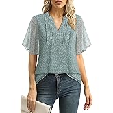 Furnex Womens Blouses Chiffon Ruffle Short Sleeve Tops Summer Pleated V Neck Casual Work Tops
