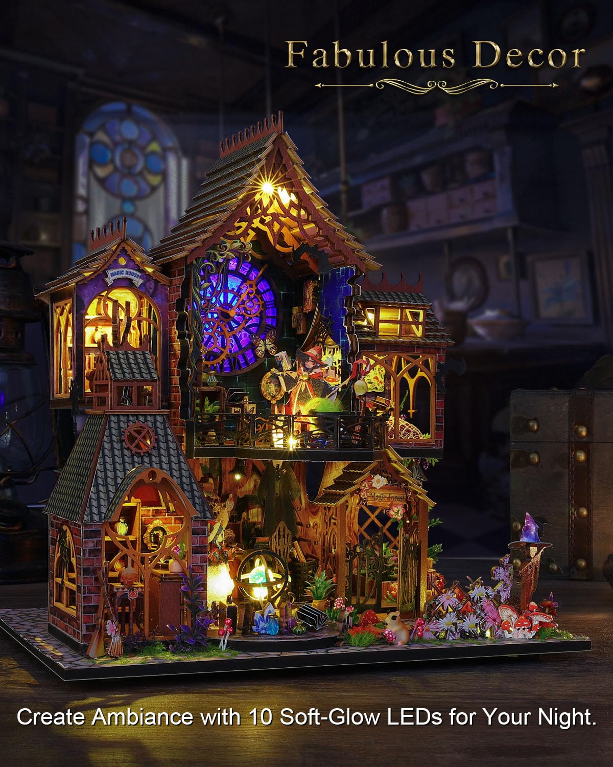 OurMiao DIY Miniature House Kit Magic Forest, Mini Doll House Building Kit with LED Lights Furniture, Miniature Dollhouse Kit Wooden Crafts for Adults Teens Gifts