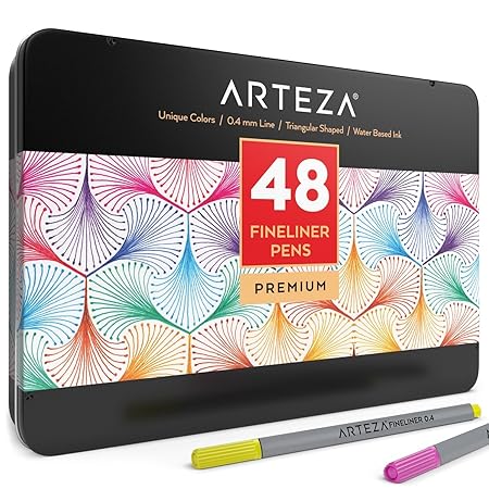 Arteza Fineliner Stifte — Feine Filzstifte 0.4mm Spitze — 48 Feinstifte in Metallbox