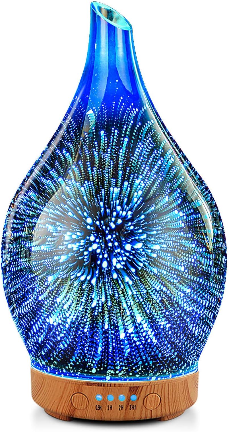 Essential Oil Diffuser 3D Glass Aromatherapy Ultrasonic Humidifier, Air Refresh Auto Shut-Off,Timer Setting, BPA Free for Home Hotel Yoga Leisure SPA Gift 100ml Last 4h