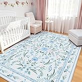 Dadasgk Blue Floral Washable Area Rug 5x7, Non Slip Low Pile Nursery Rug for Girls Bedroom, Soft Boho Carpet for Kids Room, Playroom, Dorm & Living Room