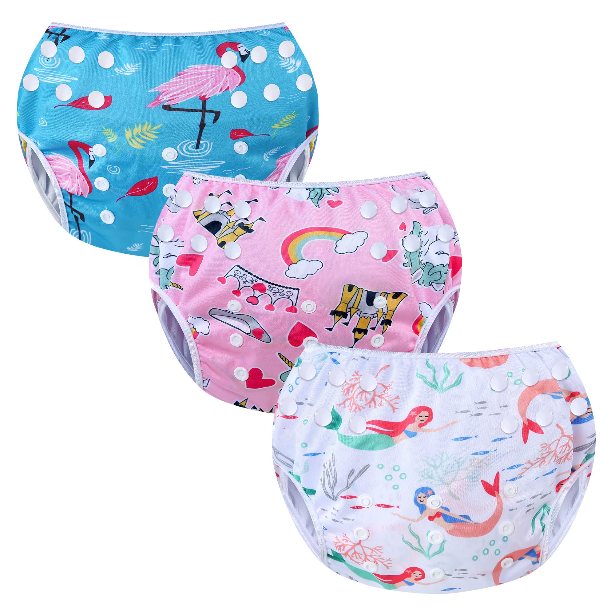 MIXIDON Reusable Swim Nappy Baby Swimming Nappies Adjustable Size Washable Nappy for Swimming Lesson 0-3 Years(Pack of 3) (Crane+Unicorn+Mermaid)