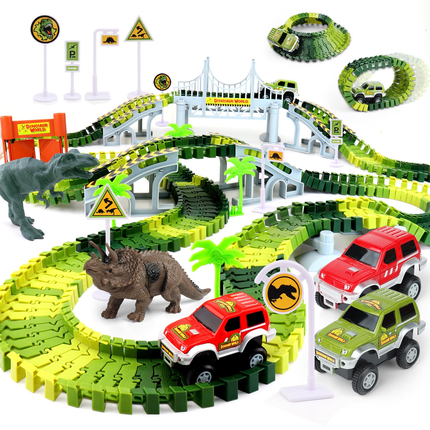 Dinosaur Toys, Create A Race Car Track Dino World with Flexible Track and 2 Cool Cars, Best Gift for Toddler Kids Boys Girls Age 3 4 5 6 7 Year Old