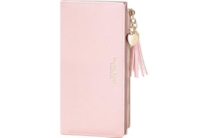 KOTORA Womens Slim Wallet Girls Thin Wallets Pretty Mini Long Card Holder Small Tiny Clutch Zip Purse Love Pendant Tassels Billfold (Pink)