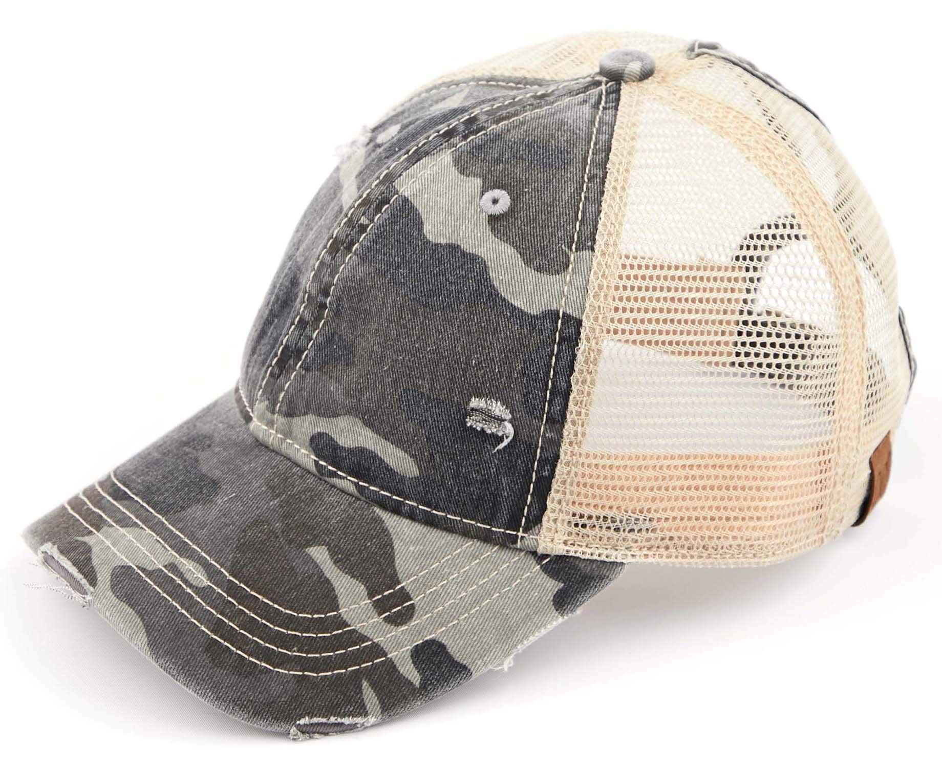 Photo 1 of Funky Junque Women's Camo Trucker Hat Adjustable Vintage Mesh Baseball Cap Distressed Dad Hat for Summer - Black Camo/Beige Mesh