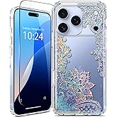 Coolwee Clear Glitter for iPhone 17 Pro Max Case with Screen Protector, Cute Cover for Girls Women, Slim Shockproof 10FT Drop Protection for iPhone 17 ProMax Crystal Lace Bling Mandala Henna