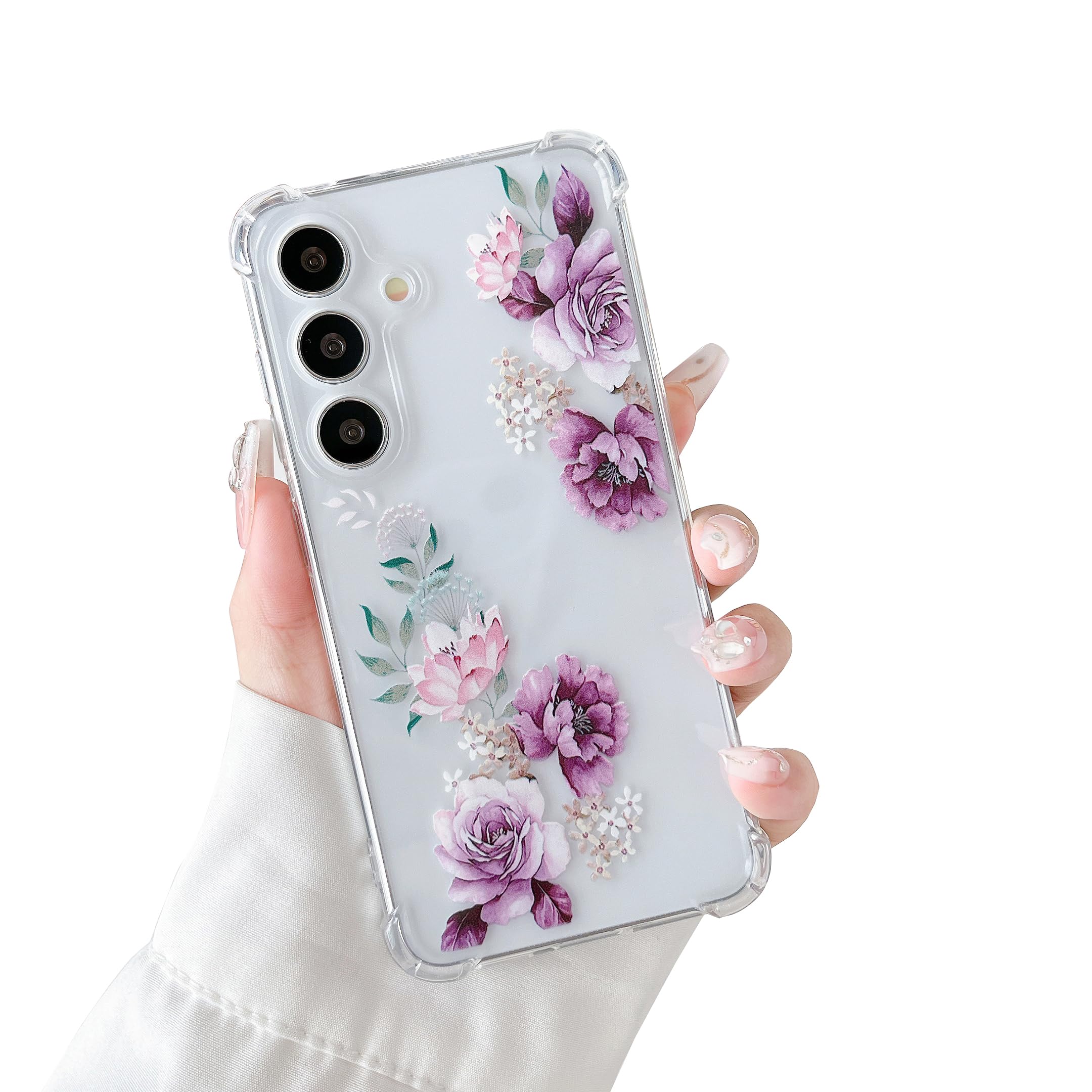 DEFBSC Soft Case Compatible with Samsung Galaxy S25, Clear Floral Flower Pattern Print Design Flexible TPU Shockproof Cover for Women Girls, Flower Protective Phone Case,Purple Peony