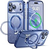 360° Spin CD Stand for iPhone 17 Pro Case Compatible with Magsafe Ring [Never Yellow][DIY Glitter Cardstock] Camera Protection Plating Clear Cute Phone Case for Women Girls 6.3'', Deep Blue