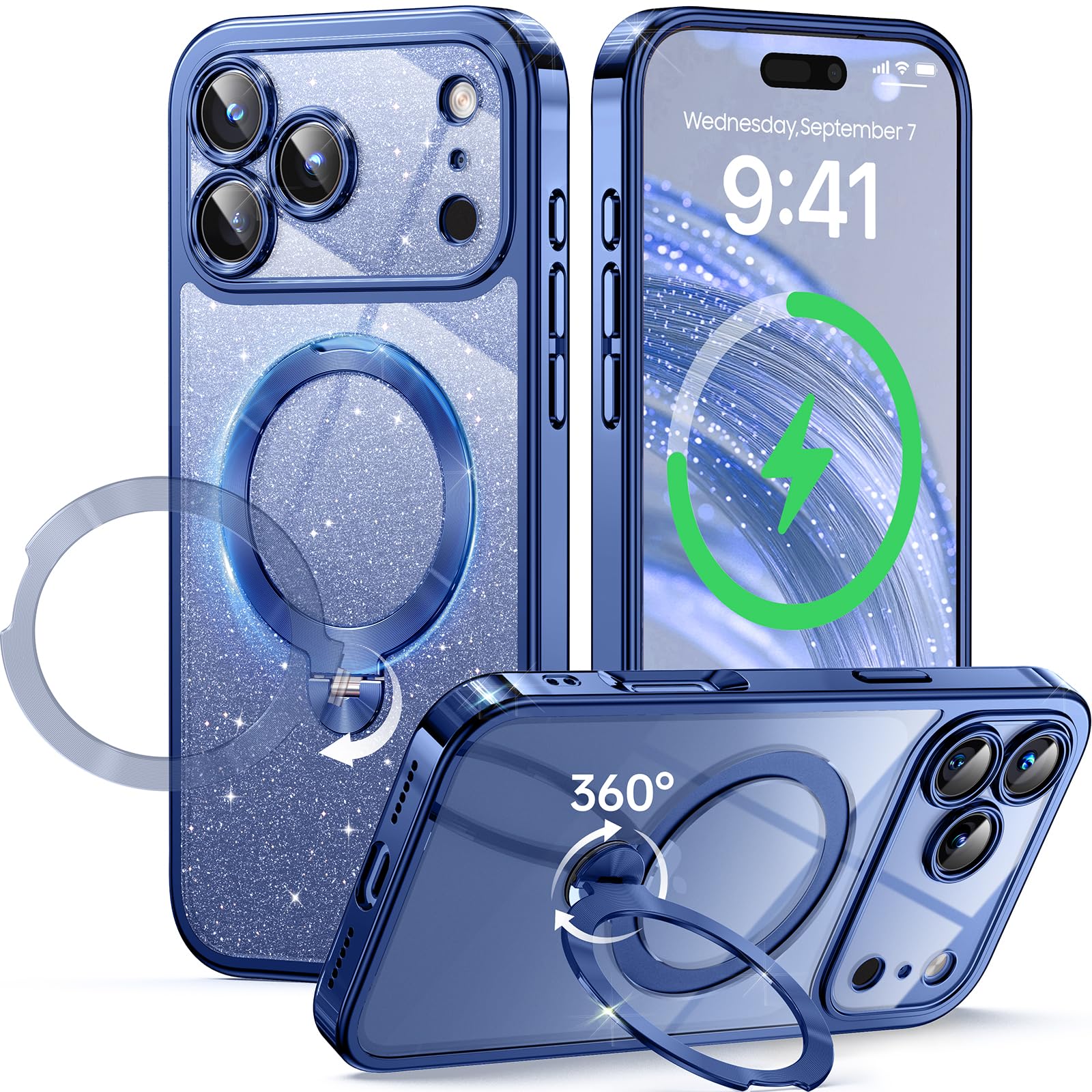 Photo 1 of 360° Spin CD Stand for iPhone 17 Pro Case Compatible with Magsafe Ring [Never Yellow][DIY Glitter Cardstock] Camera Protection Plating Clear Cute Phone Case for Women Girls 6.3'', Deep Blue