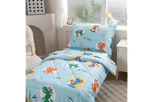 Caressma 4 Pieces Toddler Bedding Set, Lovely Cartoon Blue Dinosaurs Toddler Comforter Bed Set for Boys, Includes Comforter, Fitted Sheet, Flat Sheet & Pillow Case
