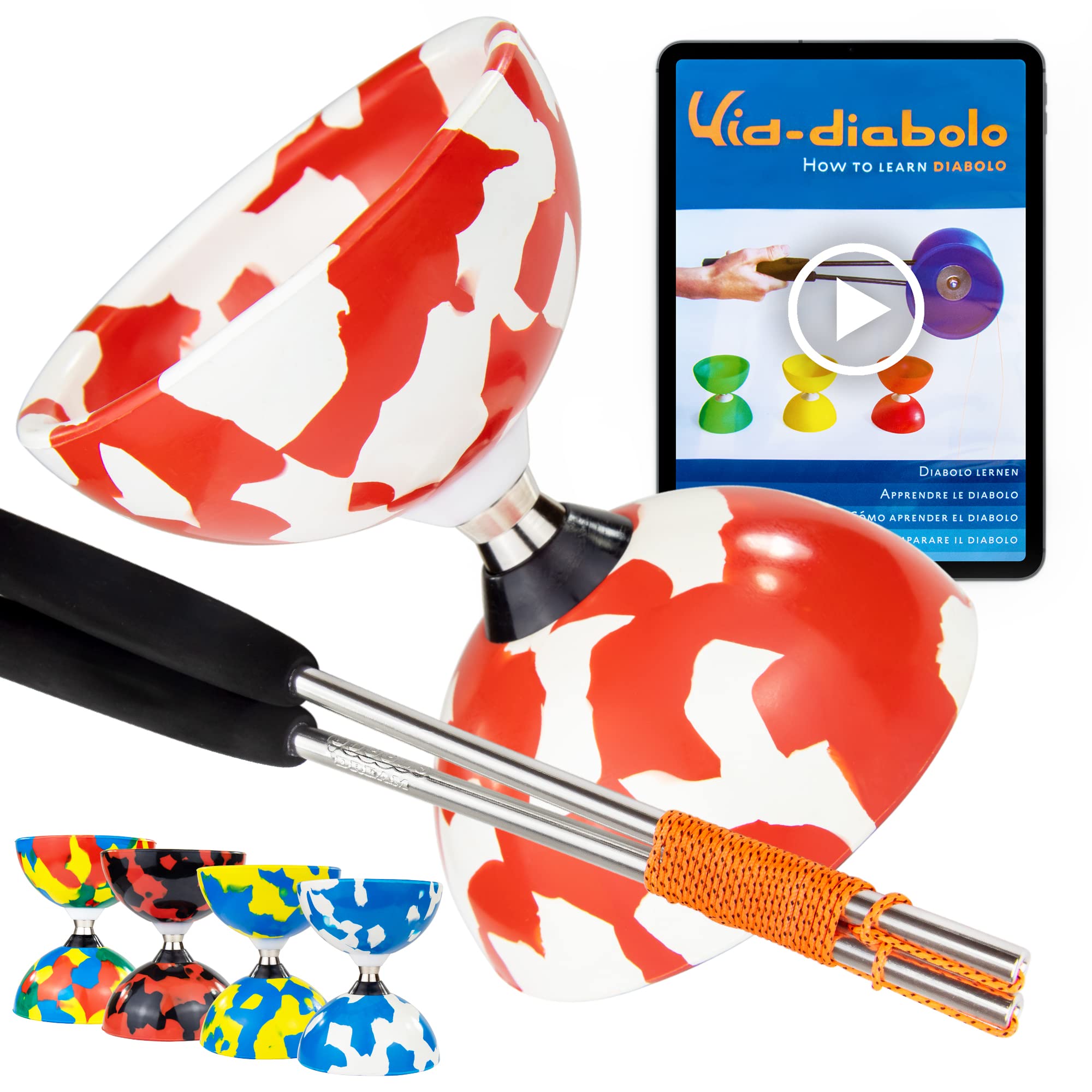 Juggle Dream Jester Diabolo Set - Bearing Axle Professional Diabolo with Aluminium Handsticks and Online Learning Video - Juggling Toy (Red/White)