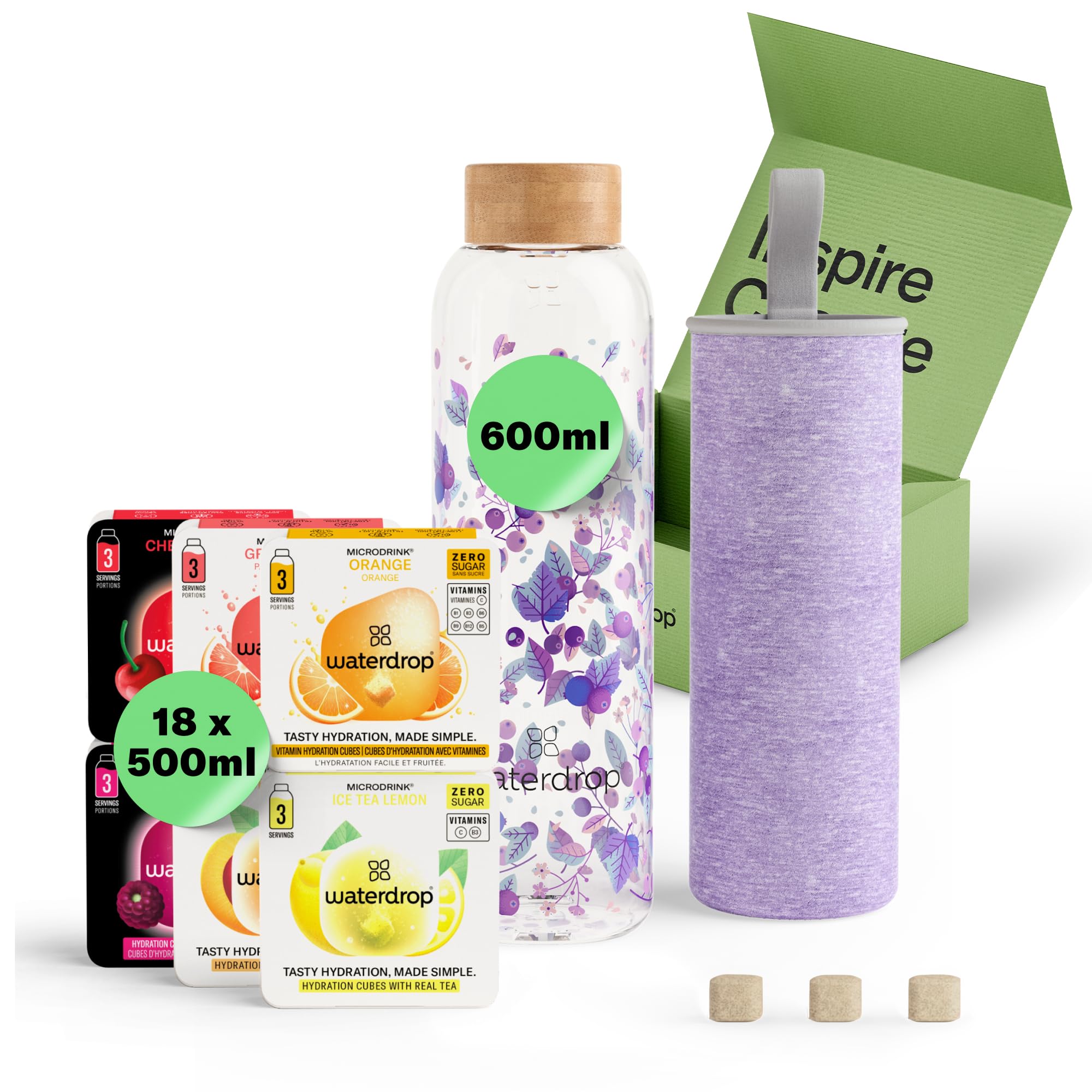 waterdrop® Glass Starter Set – 600ml Borosilicate Glass Bottle + 18 Sugar-Free Microdrink Hydration Cubes in 6 Flavours, Vitamin C & B Infused, BPA Free Water Bottle, Gift Set