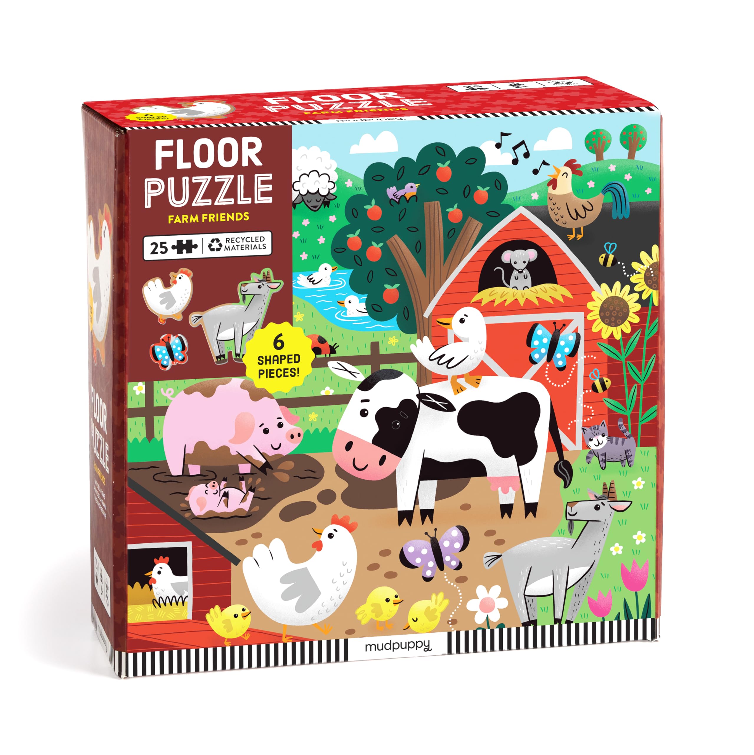 Mudpuppy Farm Friends – 25 Piece Floor Puzzle with 6 Barnyard Animal Shaped Pieces Featuring an Adorable Illustration of A Farm