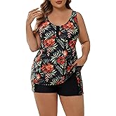 Halcurt Women's Plus Size Two Piece Tankini Swimsuit with Pockets Tummy Control Bathing Suit with Boy Shorts