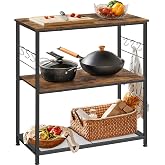 VASAGLE Kitchen Island, 3-Tier, 6 Hooks, Metal Frame | Microwave Oven Stand, Kitchen Shelf, Baker's Rack, 31.5 Inches Width, Rustic Brown and Black, DACEY Collection UKKI002B01