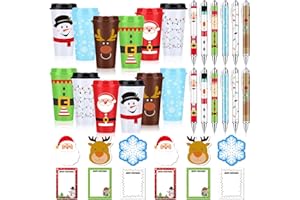 Skylety 36 Pcs Christmas Coworkers Gifts Bulk Include 16oz Christmas Plastic Coffee Cups with Lid Cute Sticky Notes Ballpoint Pens Colleague Coworkers Gifts in Bulk for Xmas Party Favor Office Home