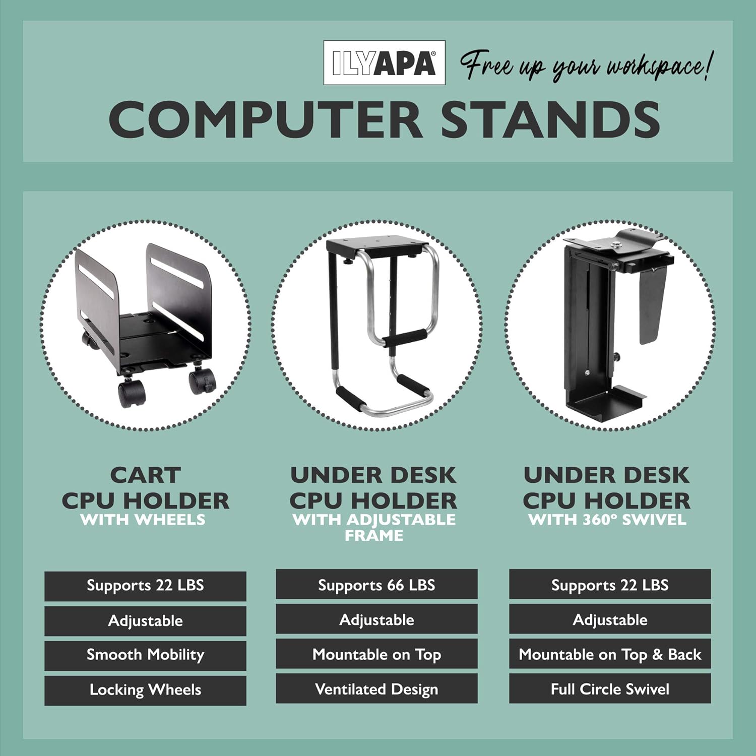 PC Computer Tower Stand with Wheels - Mobile CPU Holder Cart for Desktop : Office Products