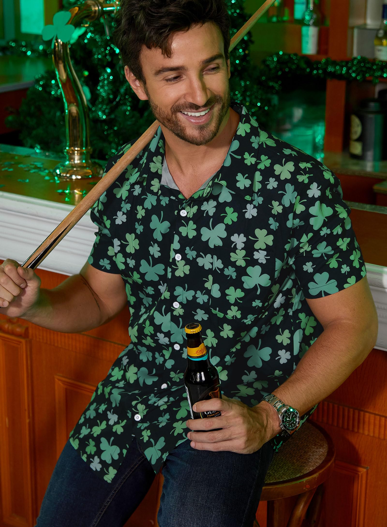 Men St Patrick's Shirt Perfect Irish Full Print Short Sleeve Black Button Up Shirt Green Graphic Dress Shirt XL