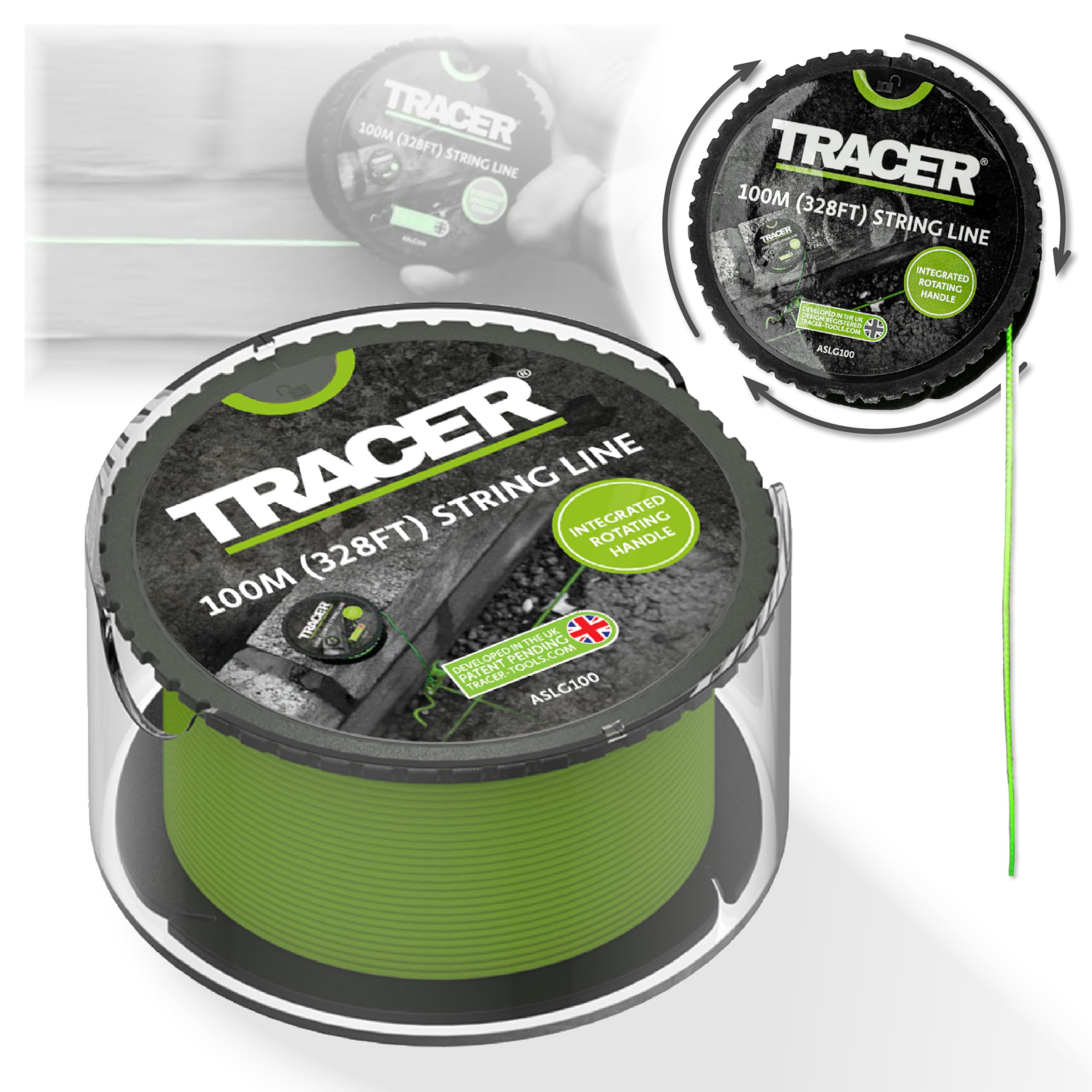 Tracer 100m String Line - Anti-Tangle, High Visibility Builders Line on Rotating Spool with Integrated Handle.
