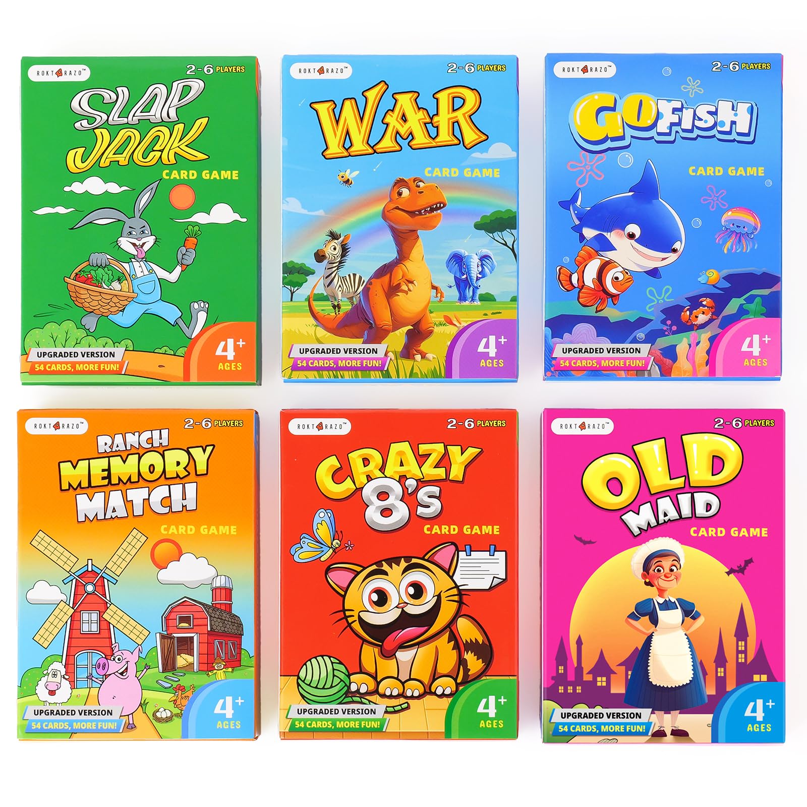 Upgraded Kids Card Games Pack, 6 Decks, Go Fish, Old Maid, Crazy Eights, Memory Match, Slap Jack, War, Playing Cards, Easter Basket Stuffers, Stocking Stuffers