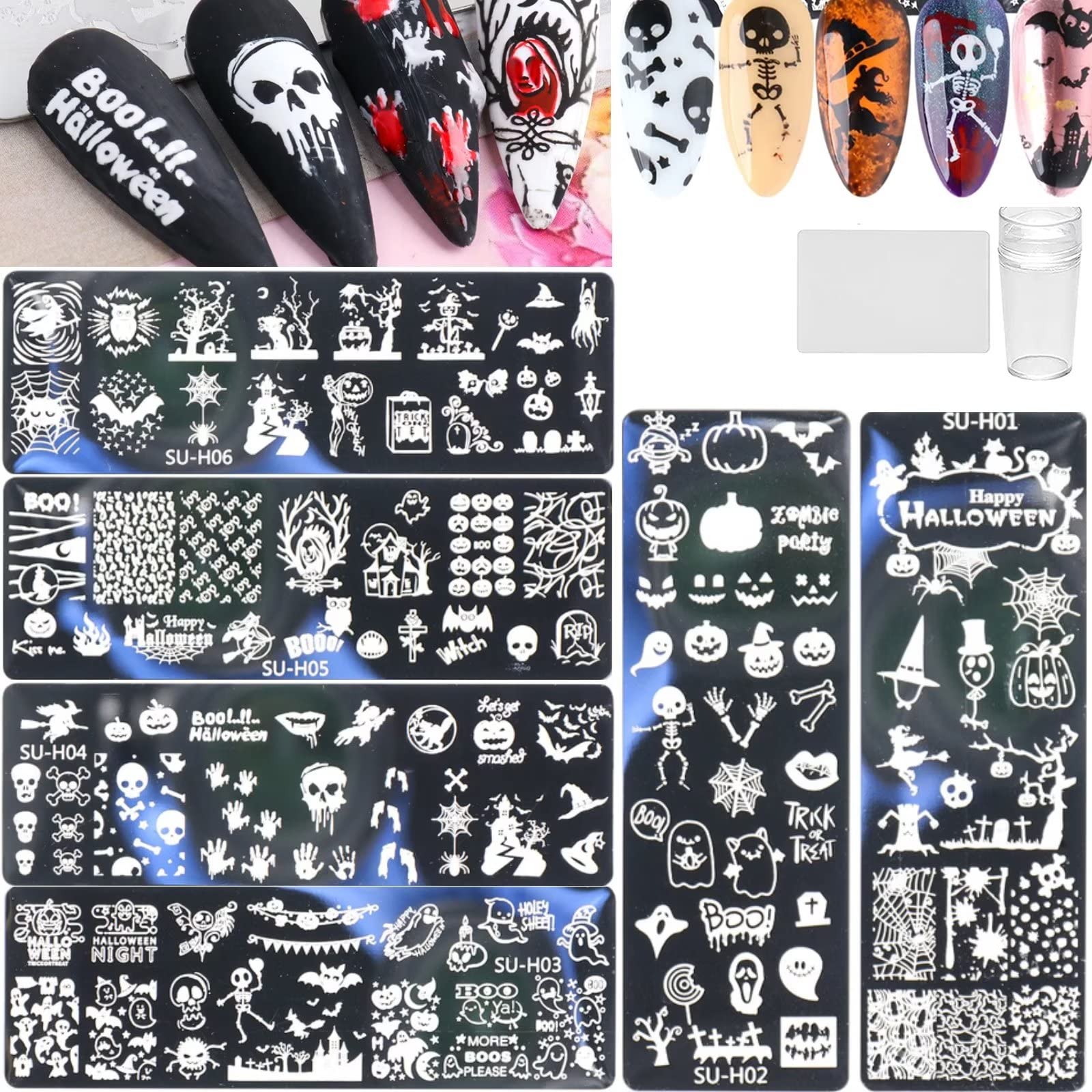 RUNRAYAY Halloween Nail Stamper Kit, 6Pcs Nail Plates + 1 Nail Stamper + 1 Nail Scraper Human Skeleton/Spider Web/Pumpkin/Withered Tree Design Nail Decoration Supplies, 8 Piece Set