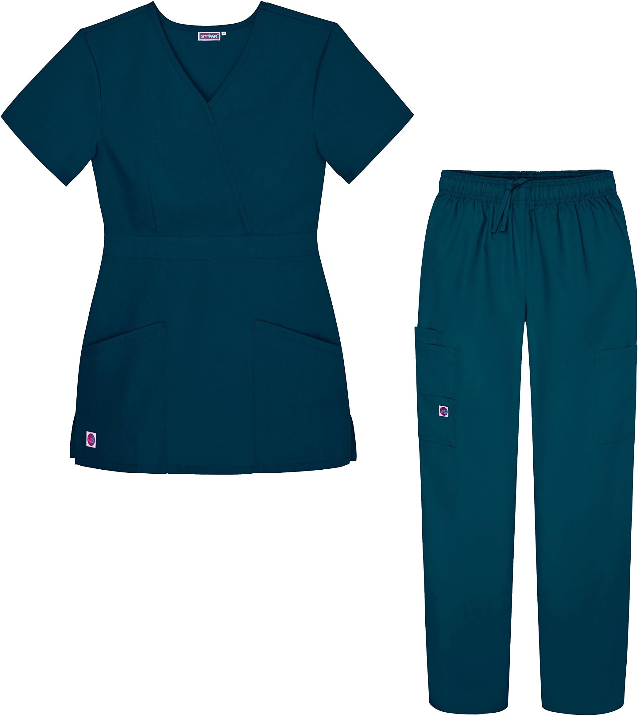 Women's Scrub Set - Multi Pocket Cargo Pants & Stylish Mock Wrap Top (Available in 15 Colors)