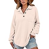 Halife Womens Waffle Knit Tops Button Down V Neck Long Sleeve Henley Shirts Loose Casual Fall Tunic Blouses with Pockets