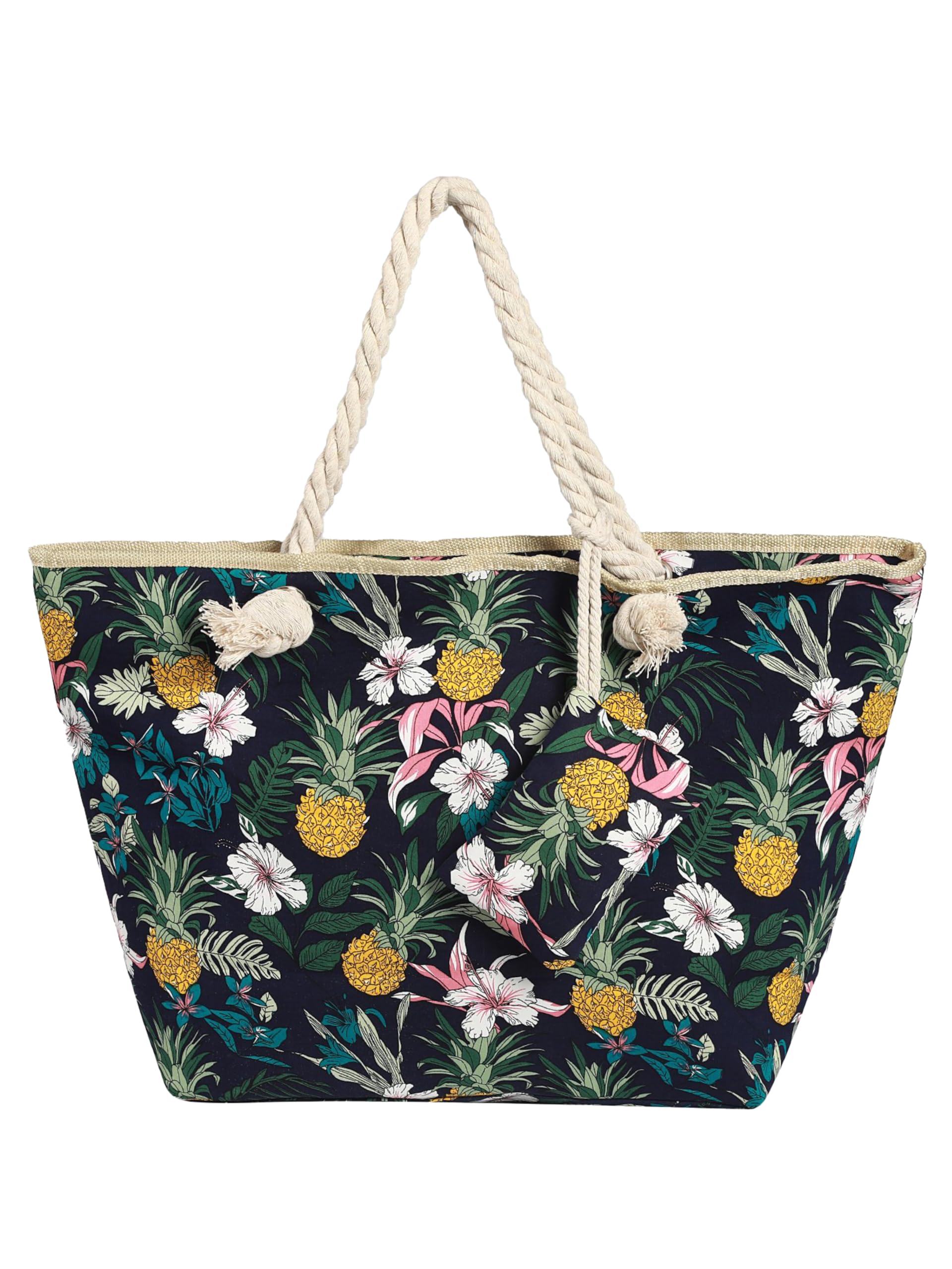 DonDon Large Beach Bag for Women with Zip Waterproof Pool Bag Holiday Bag Flowers and Pineapples