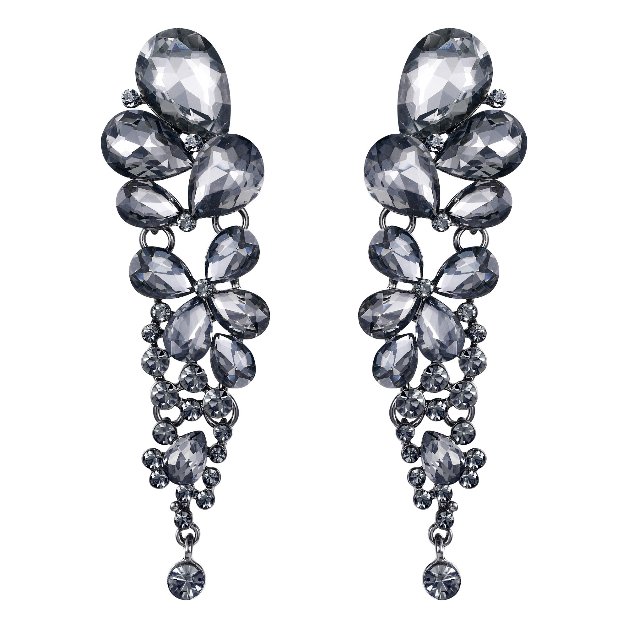 EVER FAITH Women's Crystal Wedding Elegant Cluster Teardrop Dangle Pierced Earrings Grey Black-Tone