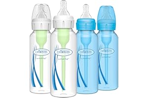 DR. BROWN'S Dr. Brown’s Natural Flow® Anti-Colic Options+™ Narrow Baby Bottles, 8 oz/250ml, with Level 1 Slow Flow Nipple, 4 Pack, Blue/Clear