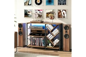 JOINICE Media Console with Charging Station,Audio Rack with LED Lighting,4 Tier Record Player Stand Table with Vinyl Record Storage,Entertainment Center for Living Room,Bedroom,Office(Walnut, Large)